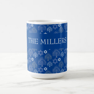 Caneca De Café Elegante Menorá Azul do Hanukkah Padrão de Feriado