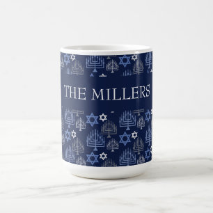 Caneca De Café Elegante Menorá Azul do Hanukkah Padrão de Feriado