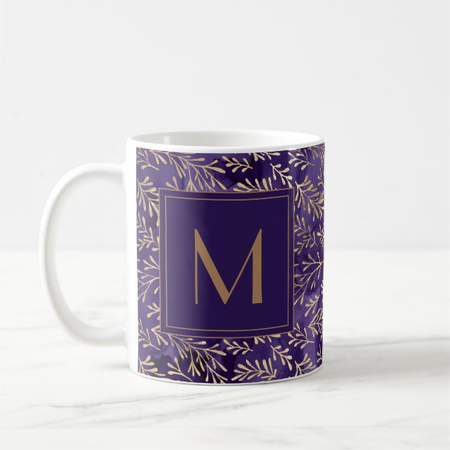 Caneca De Café Elegante Moderno Monograma Folhas de Ouro Roxo Ame (Esquerda)