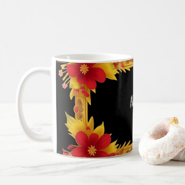 Caneca De Café Elegante Moldura Floral (Com Donut)