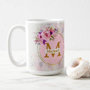 Caneca De Café Elegante Monograma Dourado Floral Nome e Inicial