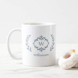 Caneca De Café Elegante Monograma Moderno de Coroa de Louros Azul