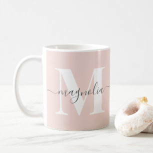 Caneca De Café Elegante Monograma Personalizado Rosa Bege Inicial
