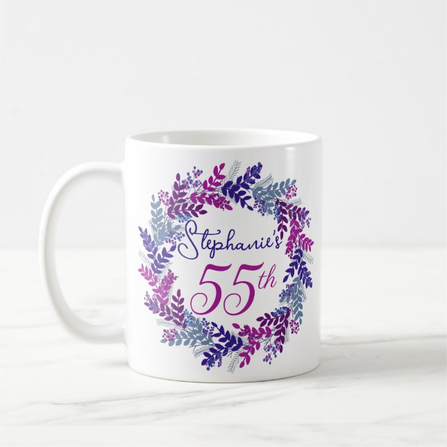 Caneca De Café Elegante Monograma Rosa e Púrpura 55.o Aniversário (Esquerda)