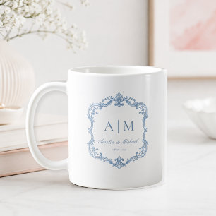Caneca De Café Elegante Monograma Vintage Casamento Azul Poeirent