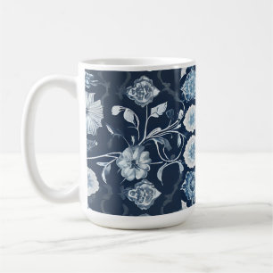 Caneca De Café Elegante Mug Moderna Arte Floral de Branco e Azul