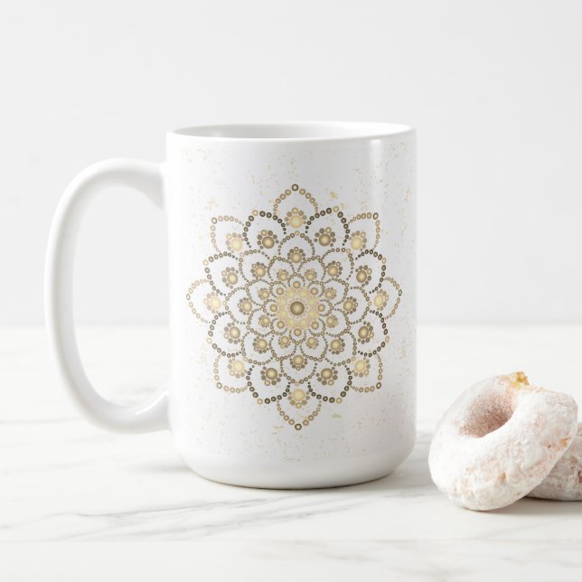 Caneca De Café Elegante Ouro e Mandala Branca (Com Donut)