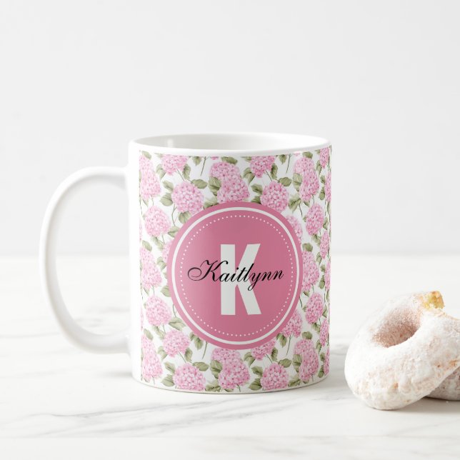 Caneca De Café Elegante Padrão de Flores de Hortênsia Rosa com Mo (Com Donut)
