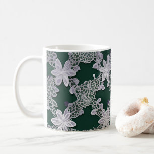 Caneca De Café Elegante Padrão de Renda Floral em Verde e Branco