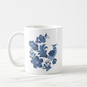 Caneca De Café Elegante Pássaro de Arte Popular Azul e Floral