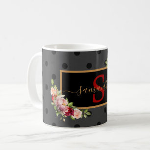 Caneca De Café Elegante Personalizado Preto com Bolinhas e Rosas