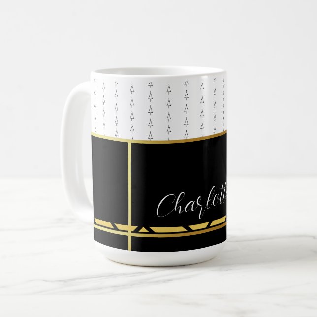 Caneca De Café Elegante Preto e Branco com Dourado (Frente Esquerda)
