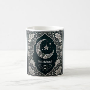Caneca De Café Elegante preto e branco Eid Mubarak Crescente Flor
