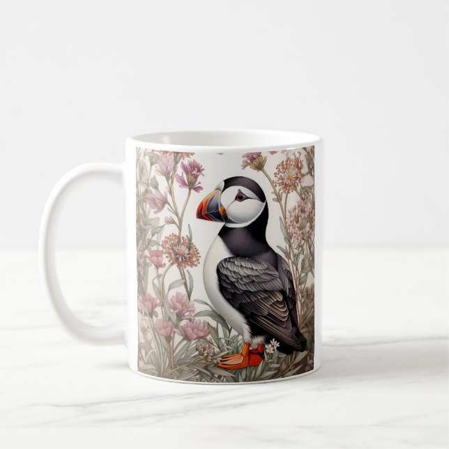 Caneca De Café Elegante Puffin William Morris Inspirou Floral (Esquerda)