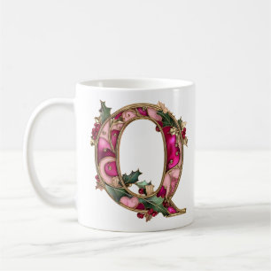 Caneca De Café Elegante Q de Natal em Rosa Dourado e Azevinho