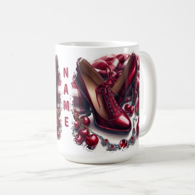Caneca De Café Elegante Red High Heels com Cereja (Frente Esquerda)