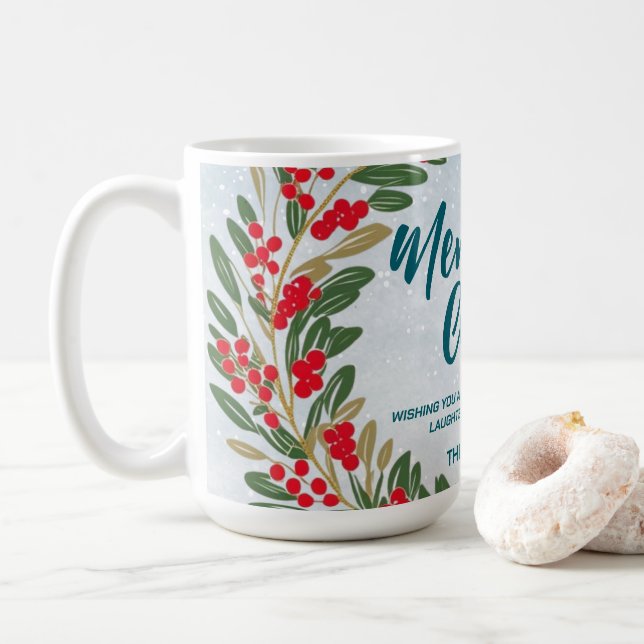 Caneca De Café Elegante Red Wreath Holly Berries Dourado Xmas (Com Donut)