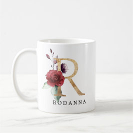 Caneca De Café Elegante Rosa Flor Letter R Dourado
