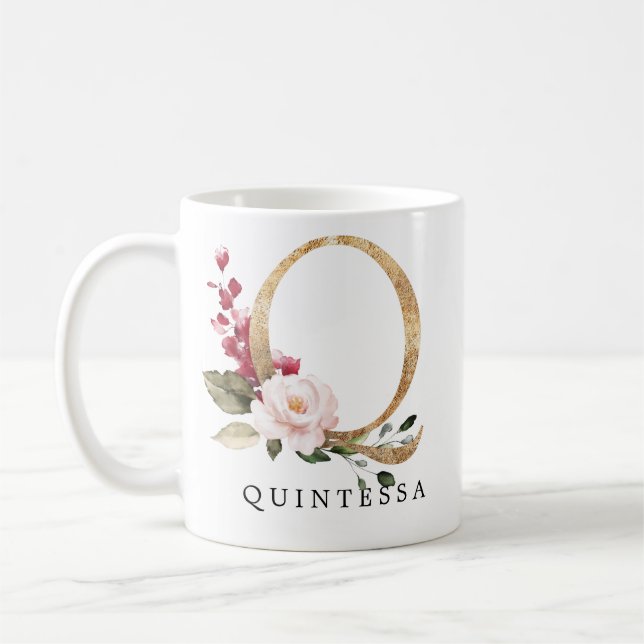 Caneca De Café Elegante Rosa Flores Carta Q Dourado (Esquerda)