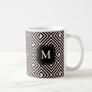 Caneca De Café Elegante Rosa Preto Padrão Chave Grega Monogra
