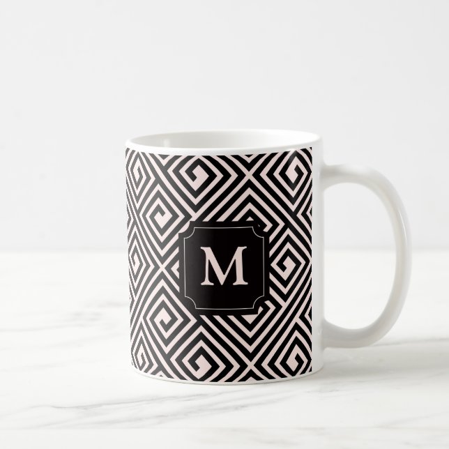 Caneca De Café Elegante Rosa Preto Padrão Chave Grega Monogra (Direita)