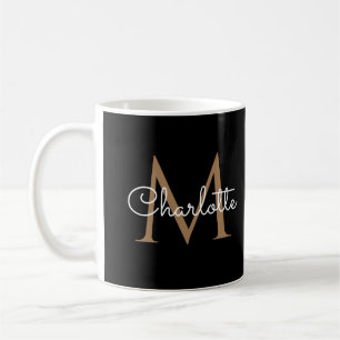 Caneca De Café Elegante Rótulo de Menina Preto Dourado Monograma