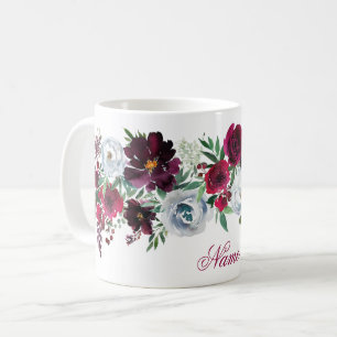 Caneca De Café Elegante Rustic Burgundy Blue Rosas Nome C