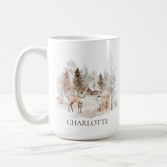 Caneca De Café Elegante Rústico Inverno Floresta Rena (Esquerda)