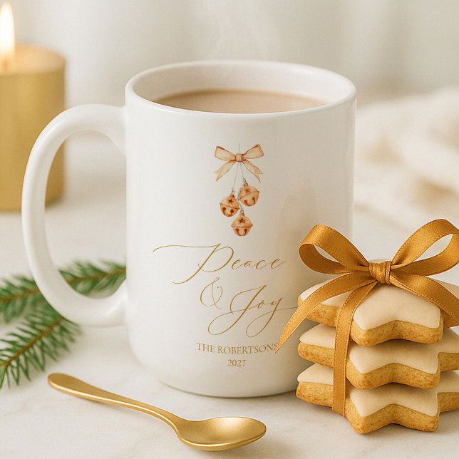 Caneca De Café Elegante Script em Dourado “Paz & Alegria” Natal (Criador carregado)