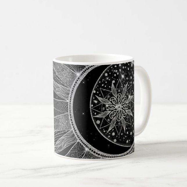 Caneca De Café Elegante Silver Sun Moon Mandala Black Design (Frente Esquerda)