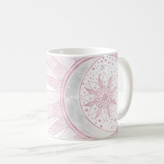 Caneca De Café Elegante Sun Moon Doodle Mandala White Design (Frente Esquerda)