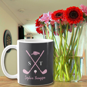 Caneca De Café Elegante Taco de Golfe Rosa com Laços Brancos Aniv