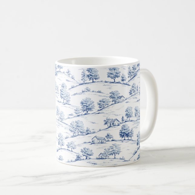 Caneca De Café Elegante Toile Azul com Cenas Pastoris Francesas V (Frente Esquerda)