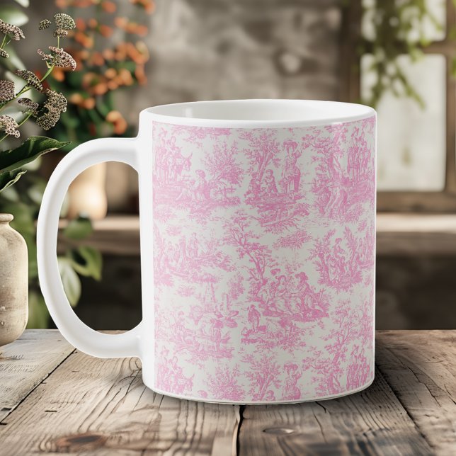 Caneca De Café Elegante Toile De Jouy Francesa Rosa Vintage (Criador carregado)