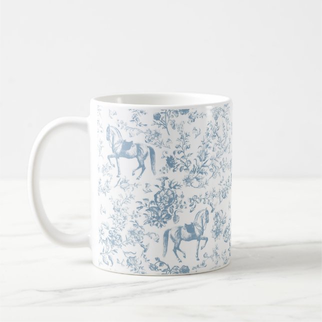 Caneca De Café Elegante Toile Floral Equestre Azul (Esquerda)