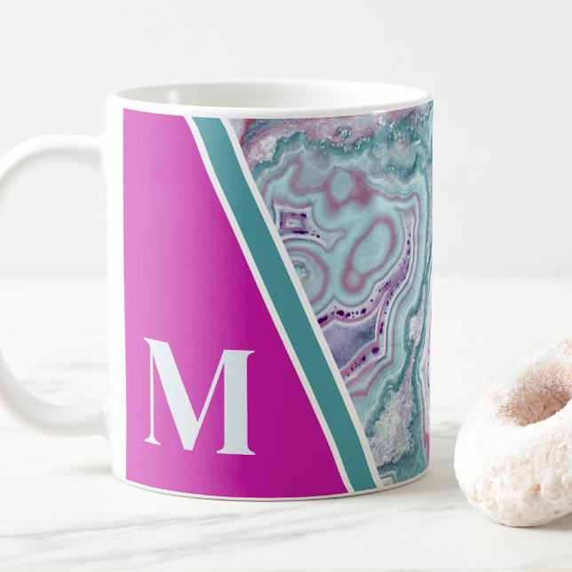 Caneca De Café Elegante Trendy Monograma Inicial (Girly Elegant Teal Fuchsia Agate Monogram Initial Coffee Mug)