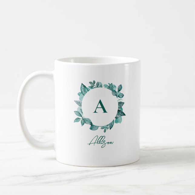 Caneca De Café Elegante Verde Molerado Monograma de Aquarela (Esquerda)