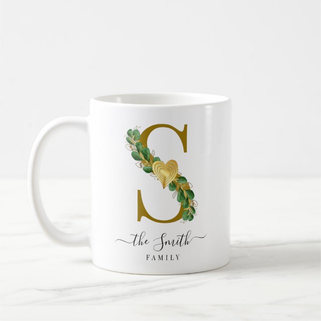 Caneca De Café Elegante Verde Monograma Nome da Família Letra S (Esquerda)