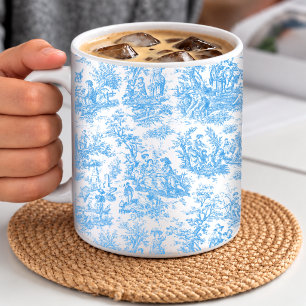 Caneca De Café Elegante Vintage Azul Água Toile Campo Francês