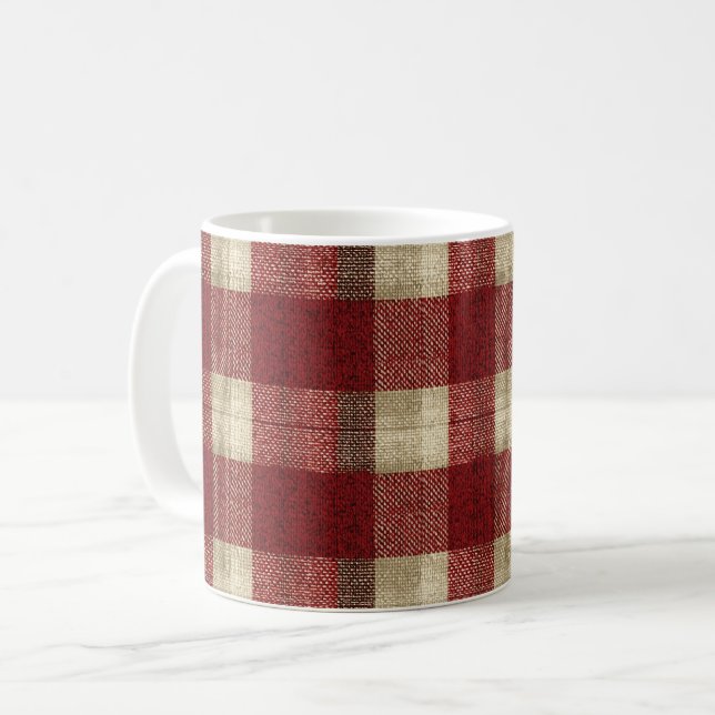 Caneca De Café Elegante Xadrez Burgundy Marfim Ferrugem Vermelho (Frente Esquerda)