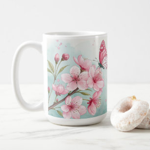 Caneca De Café Elegantes Flores de Cerejeira Rosa e Borboleta