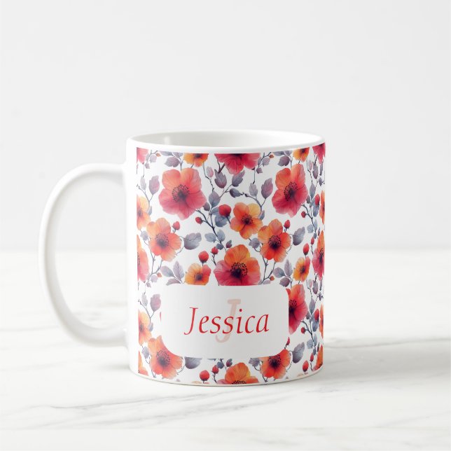 Caneca De Café Elegantes Flores Vermelhas Modernas e Chic (Esquerda)