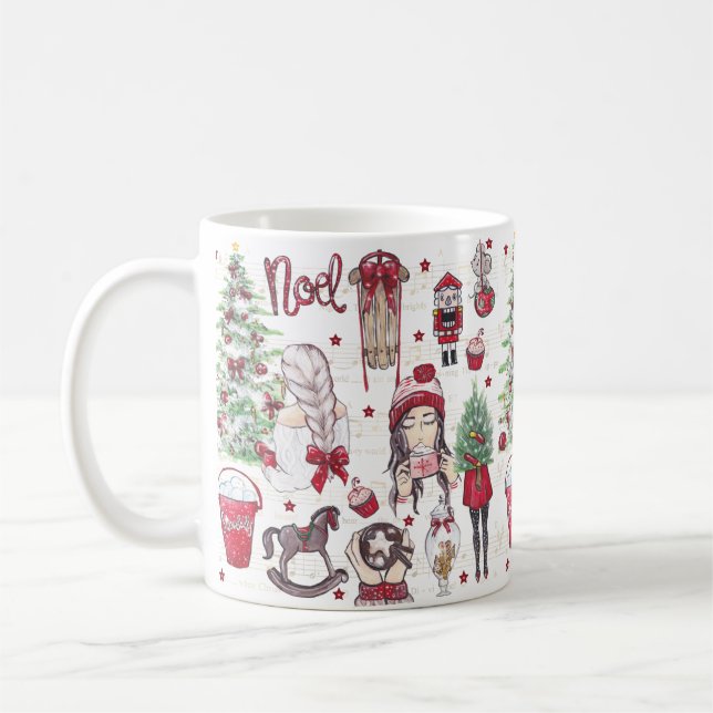 Caneca De Café Elementos de Natal de Aquarela Vermelha (Esquerda)