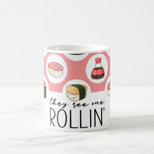 Caneca De Café Eles Me Veem Rolando Kawaii Fun Sushi Rolls & Dots