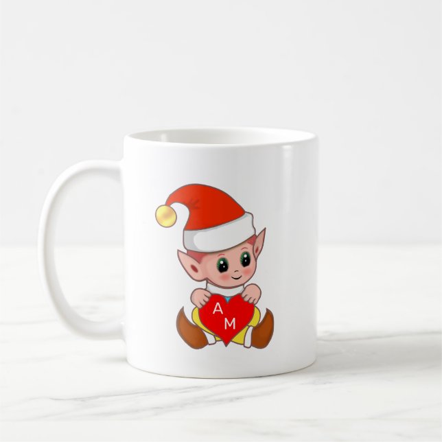 Caneca De Café Elf namorados com coração e monograma (Esquerda)