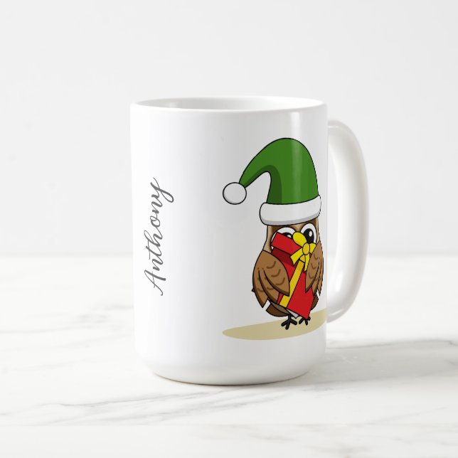 Caneca De Café Elf Owl de Natal com Presente (Frente Esquerda)