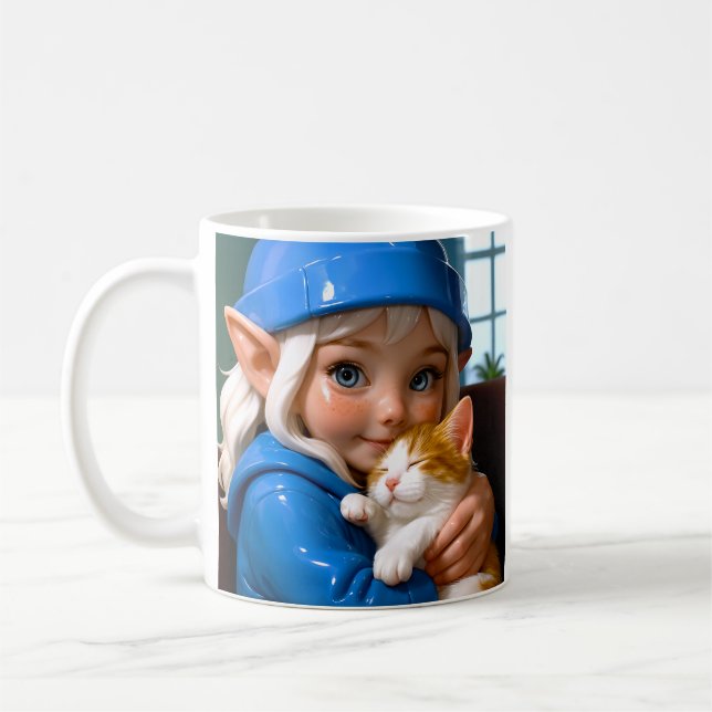 Caneca De Café Elfo Abraçando Gato Sonolento (Esquerda)