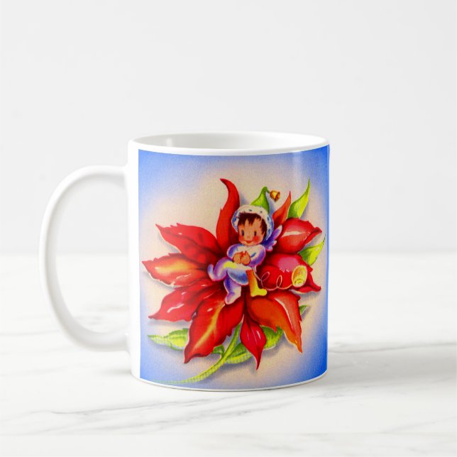 Caneca De Café elfo de Natal adorável numa poinsettia (Esquerda)