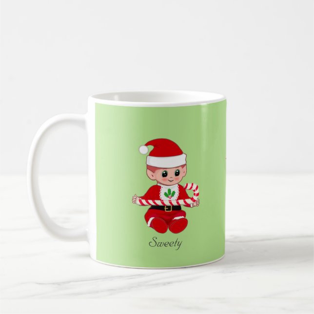 Caneca De Café Elfo de Natal com canas doces e texto verde (Esquerda)