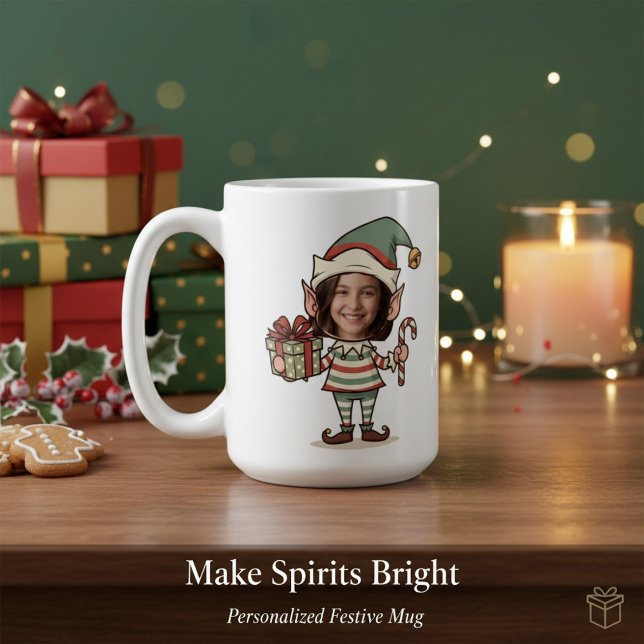 Caneca De Café Elfo de Natal com Foto Personalizada (Criador carregado)